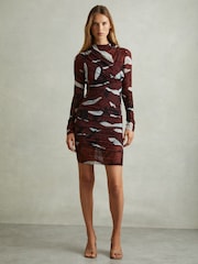 Reiss Burgundy Kallie Printed Ruched Mini Dress - Image 3 of 6
