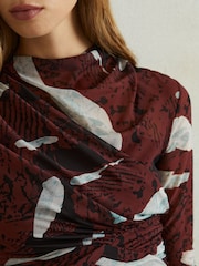 Reiss Burgundy Kallie Printed Ruched Mini Dress - Image 4 of 6