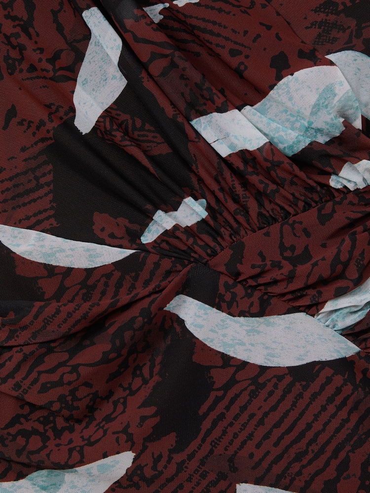 Reiss Burgundy Kallie Printed Ruched Mini Dress - Image 6 of 6