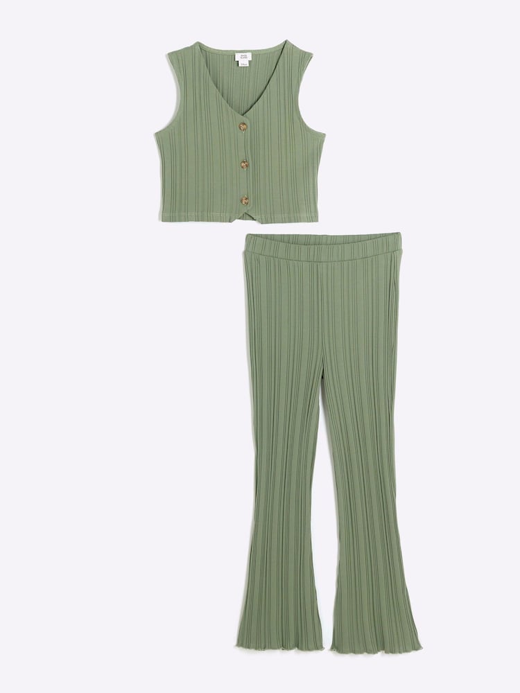 River Island Green Girls Rib 100% Cottton Waistcoat and Trousers Set - Image 1 of 4 River Island Green Girls Rib 100% Cottton Waistcoat and Trousers Set - Image 1 of 4