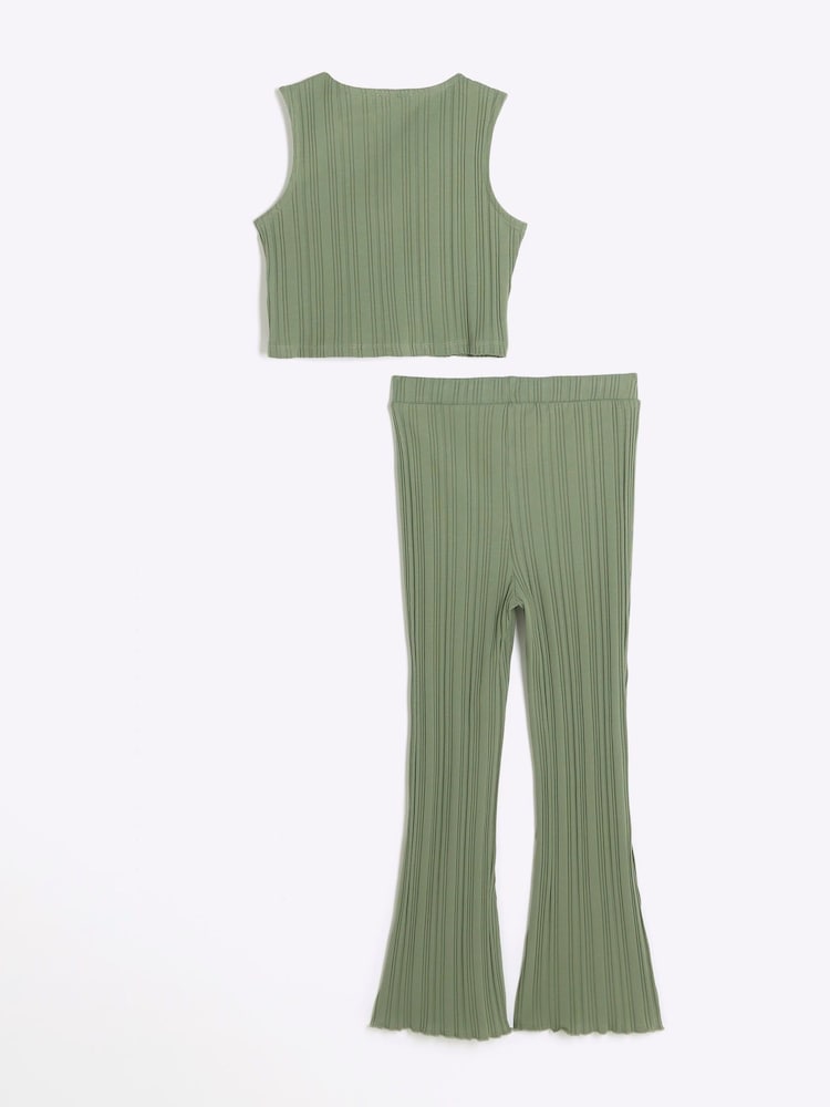 River Island Green Girls Rib 100% Cottton Waistcoat and Trousers Set - Image 2 of 4 River Island Green Girls Rib 100% Cottton Waistcoat and Trousers Set - Image 2 of 4