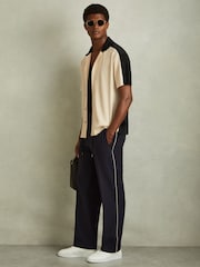 Reiss Off White/Navy Castro Oversized Plisse Cuban Collar Shirt - Image 1 of 6