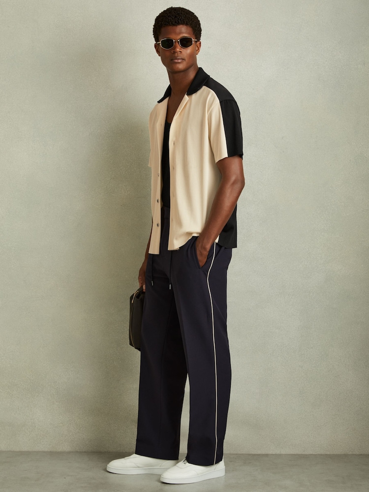 Reiss Off White/Navy Castro Oversized Plisse Cuban Collar Shirt - Image 1 of 6
