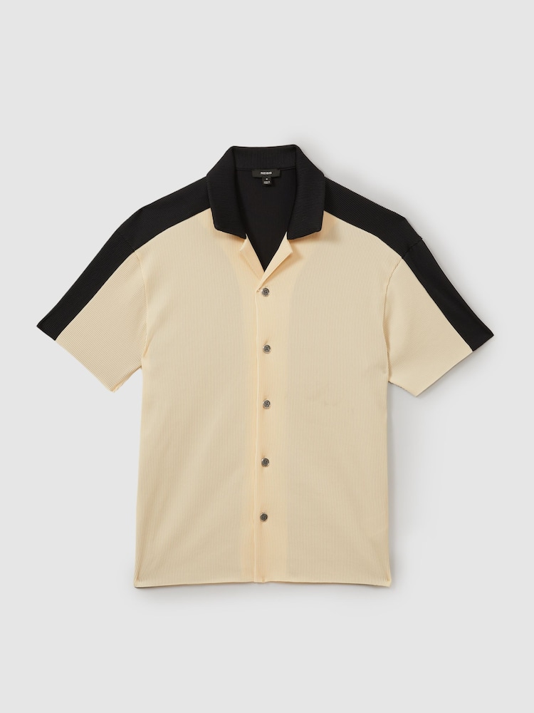 Reiss Off White/Navy Castro Oversized Plisse Cuban Collar Shirt - Image 2 of 6
