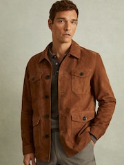 Reiss Tobacco Brown Clock Suede Front Pocket Jacket - Image 1 of 6