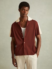 Reiss Rust Red/ Off White Castro Oversized Plisse Cuban Collar Shirt - Image 1 of 6
