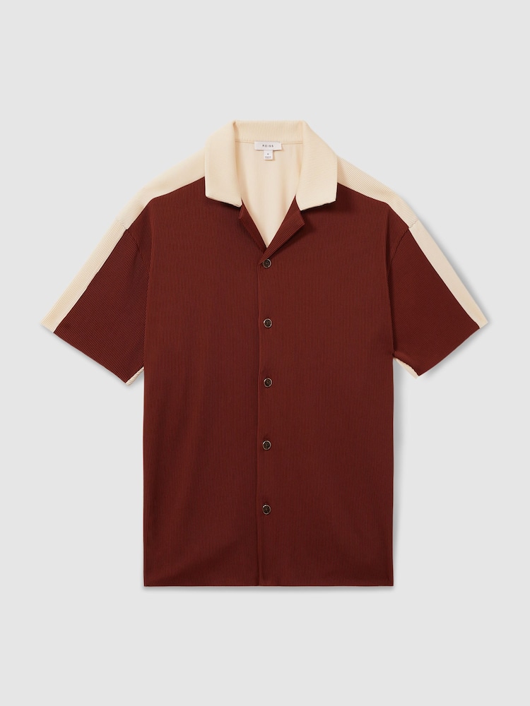 Reiss Rust Red/ Off White Castro Oversized Plisse Cuban Collar Shirt - Image 2 of 6
