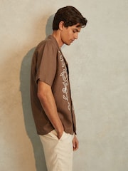 Reiss Tobacco Brown Sonny Linen Embroidered Cuban Collar Shirt - Image 1 of 6