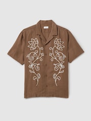 Reiss Tobacco Brown Sonny Linen Embroidered Cuban Collar Shirt - Image 2 of 6