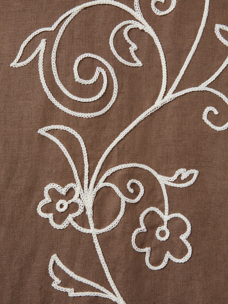 Reiss Tobacco Brown Sonny Linen Embroidered Cuban Collar Shirt - Image 6 of 6