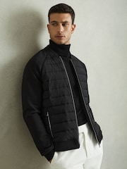 Reiss Black Rochdale Hybrid Quilt Raglan-Sleeve Bomber Jacket - Image 3 of 6