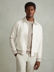 Reiss Optic White/Soft Grey Melange Arnold Hybrid Interlock Jersey Bomber Jacket - Image 1 of 5