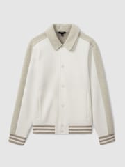 Reiss Optic White/Soft Grey Melange Arnold Hybrid Interlock Jersey Bomber Jacket - Image 2 of 5