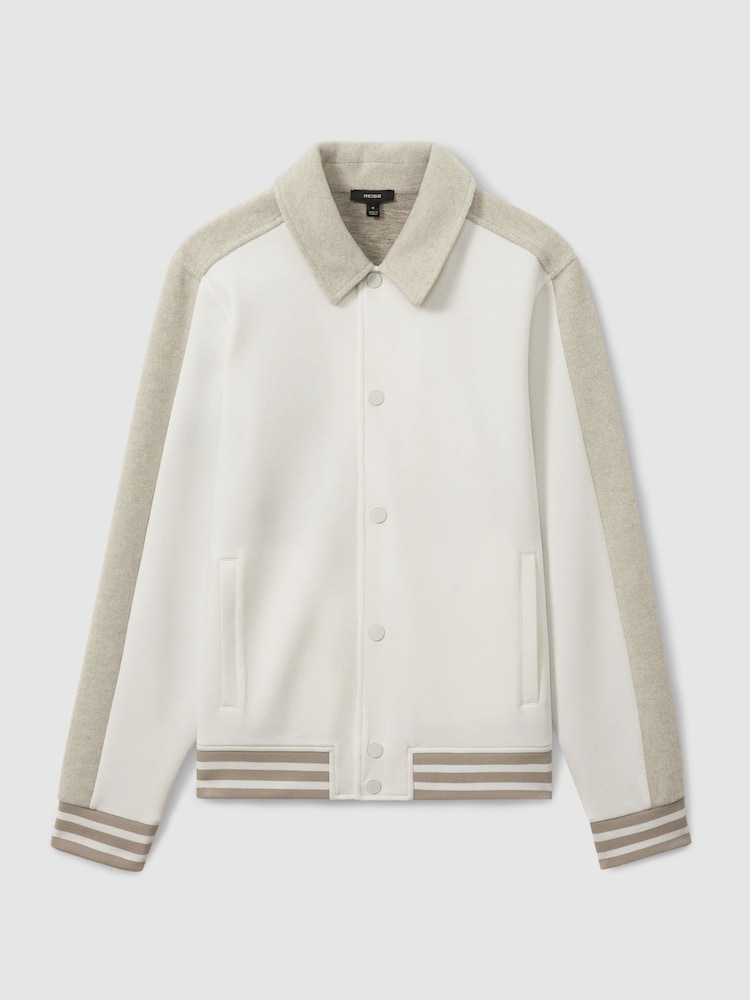 Reiss Optic White/Soft Grey Melange Arnold Hybrid Interlock Jersey Bomber Jacket - Image 2 of 5