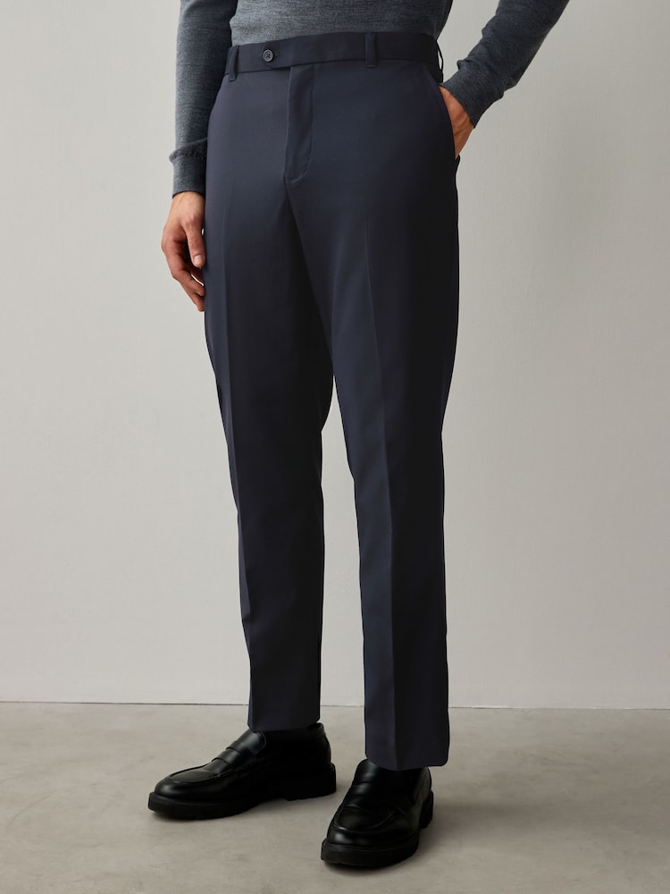Navy Blue Relaxed Tapered Fit Stretch Smart Trousers - Image 1 of 9