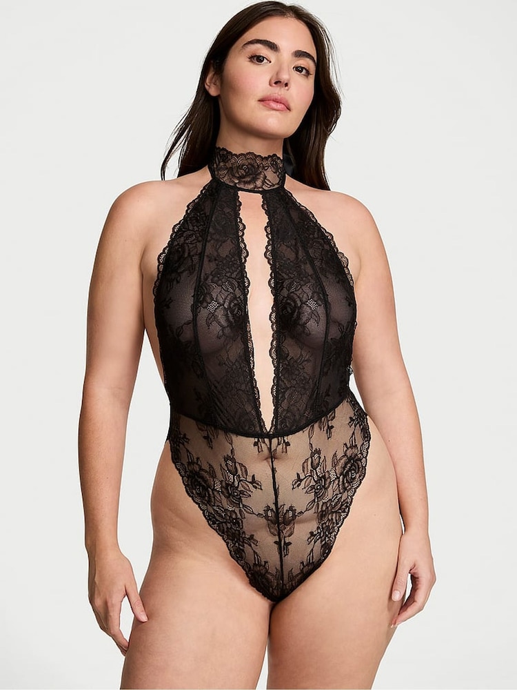 Victoria's Secret Black Rose Lace Halter Crotchless Bodysuit - Image 1 of 3