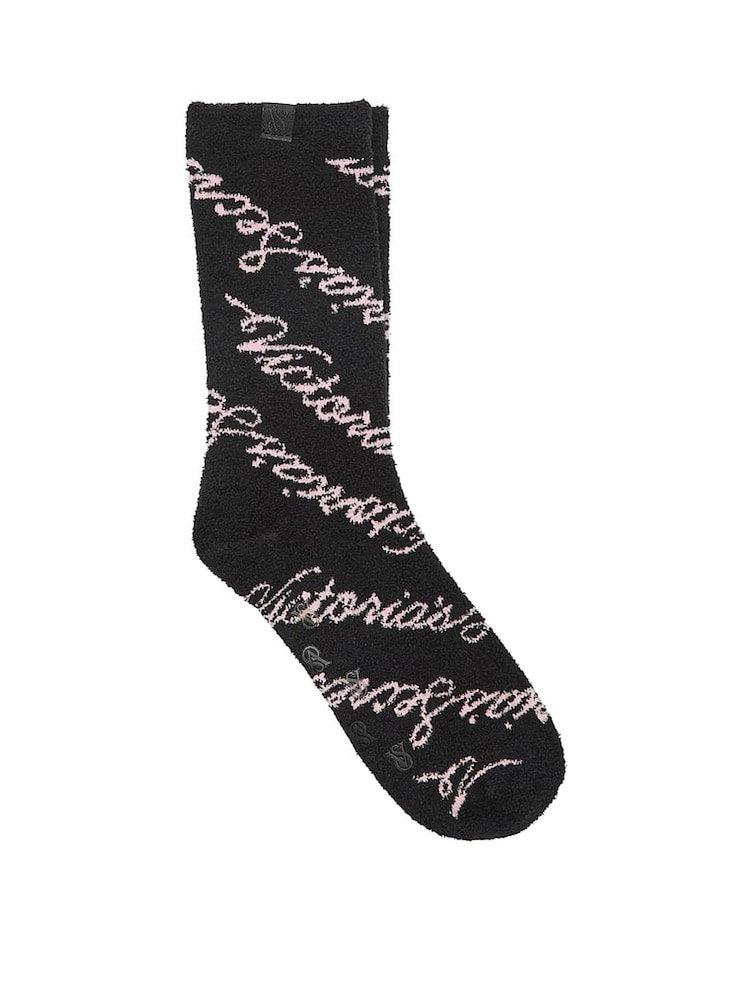Victoria's Secret Black Script Fleece Socks - Image 1 of 1 Victoria's Secret Black Script Fleece Socks - Image 1 of 1