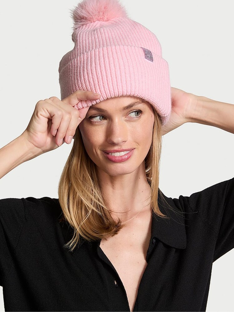 Victoria's Secret Pretty Blossom Pink Bling Patch Pom Beanie - Image 1 of 3