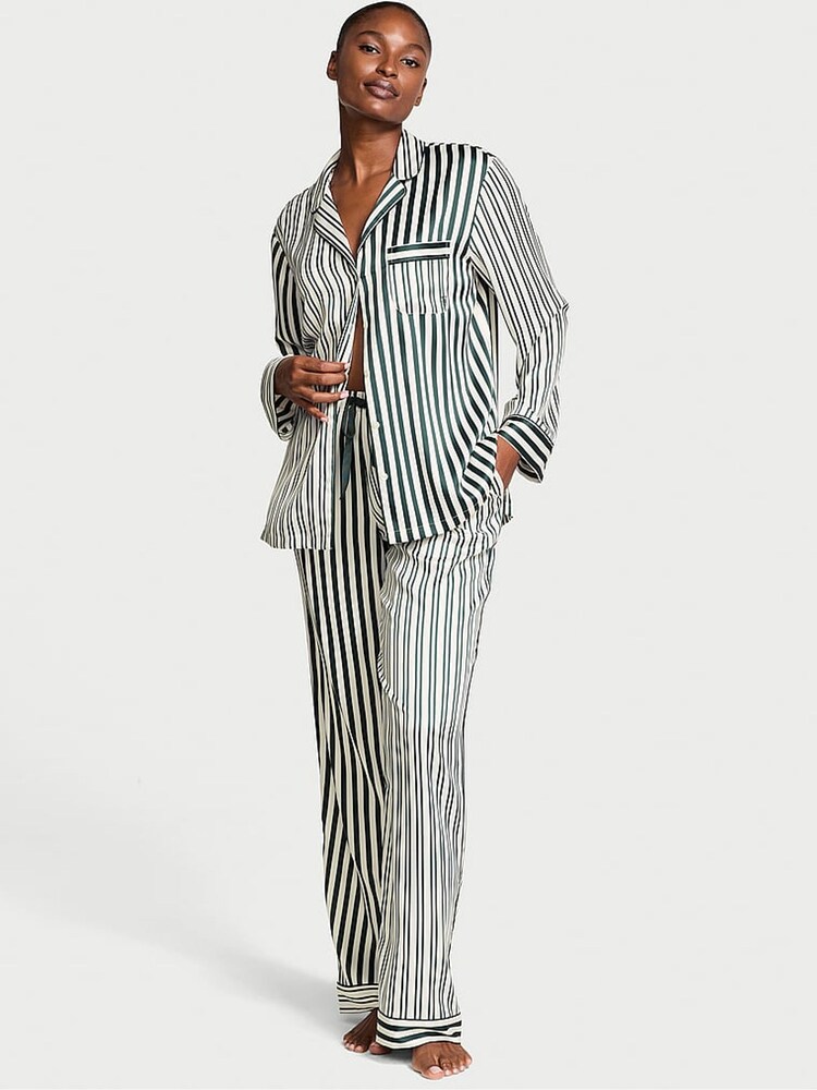 Victoria's Secret Botanical Green Iconic Stripe Satin Long Pyjama Set - Image 1 of 4