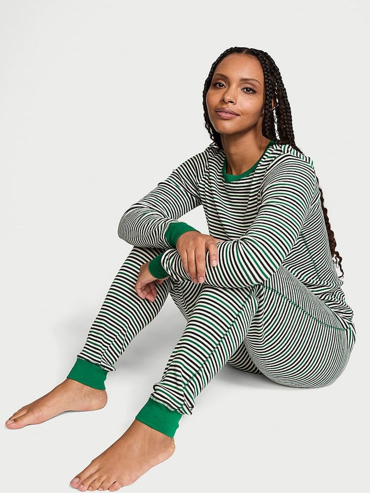 Victoria's Secret Prettiest Pine Stripe Green Thermal Long Pyjama Set - Image 1 of 1