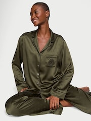 Victoria's Secret Olive Green VS Logo Dot Satin Long Pyjama Set - Image 1 of 1