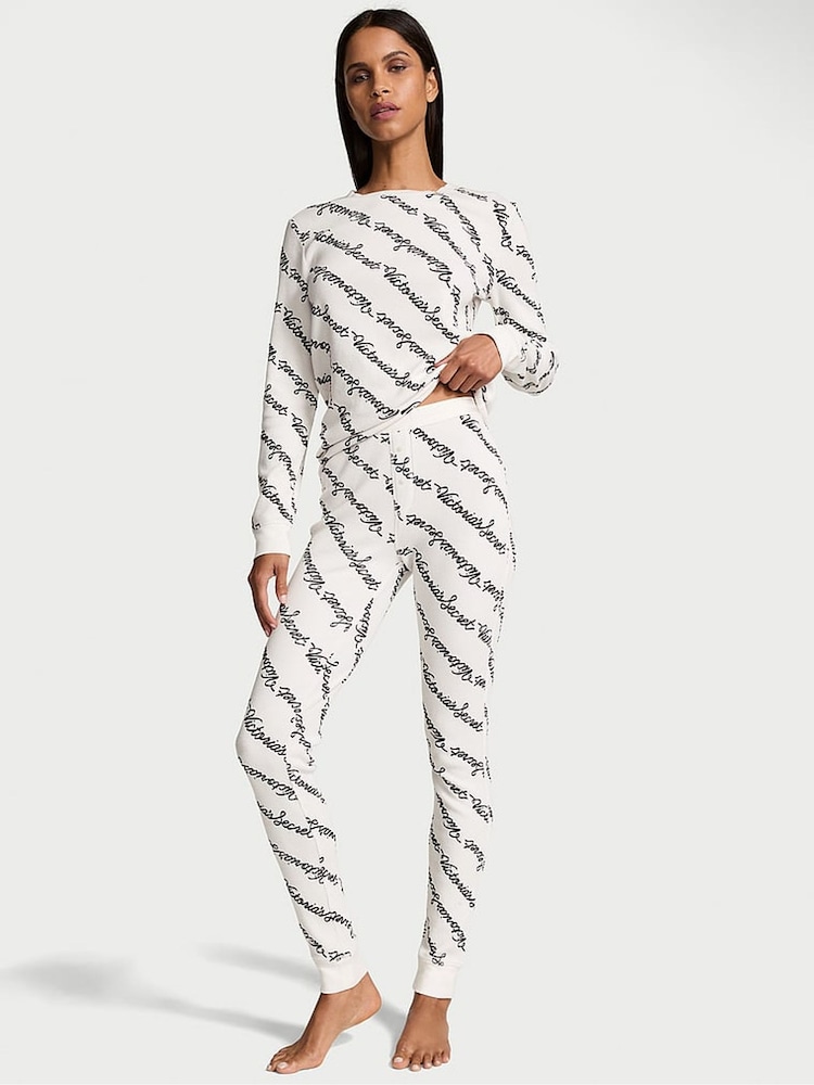 Victoria's Secret Coconut White Ribbon Script Thermal Long Pyjama Set - Image 1 of 3