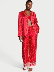 Victoria's Secret Lipstick Red Logo Pin Dot Satin Long Pyjama Set - Image 1 of 4