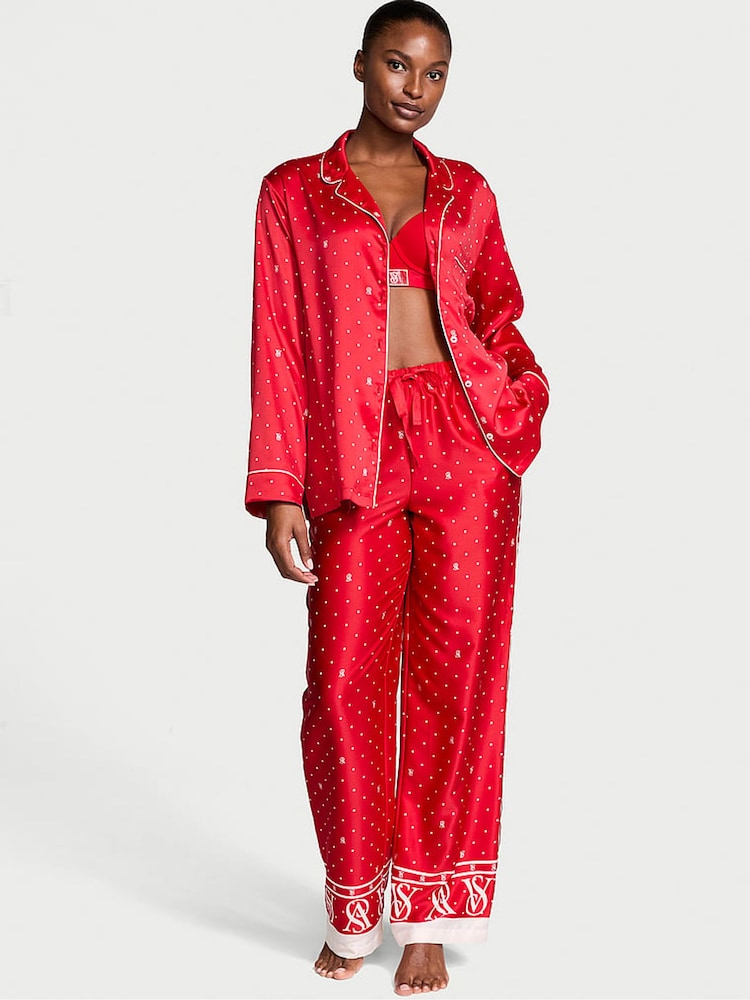 Victoria's Secret Lipstick Red Logo Pin Dot Satin Long Pyjama Set - Image 1 of 4