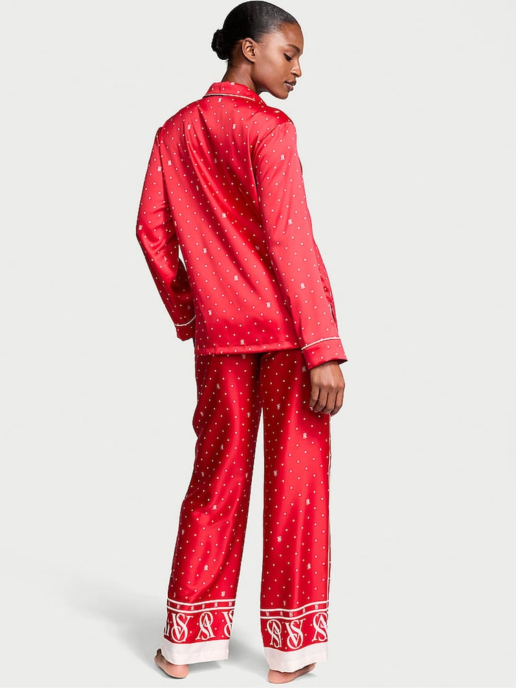 Victoria's Secret Lipstick Red Logo Pin Dot Satin Long Pyjama Set - Image 2 of 4