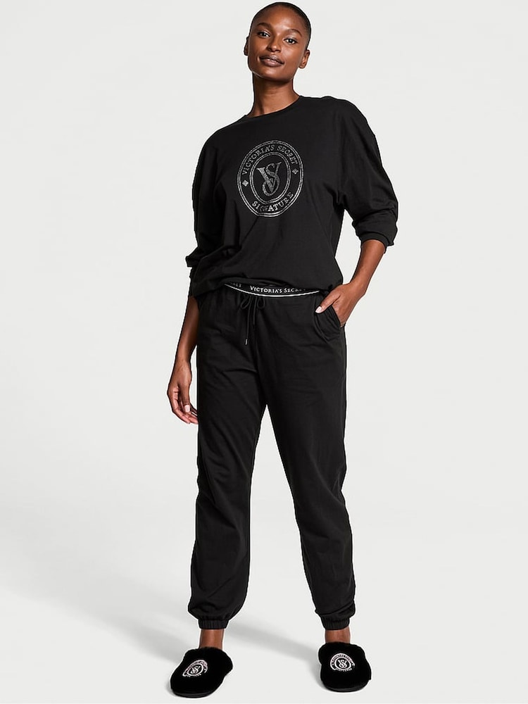Victoria's Secret Black Rhinestone Graphic London Cotton Long Pyjama Set - Image 1 of 4