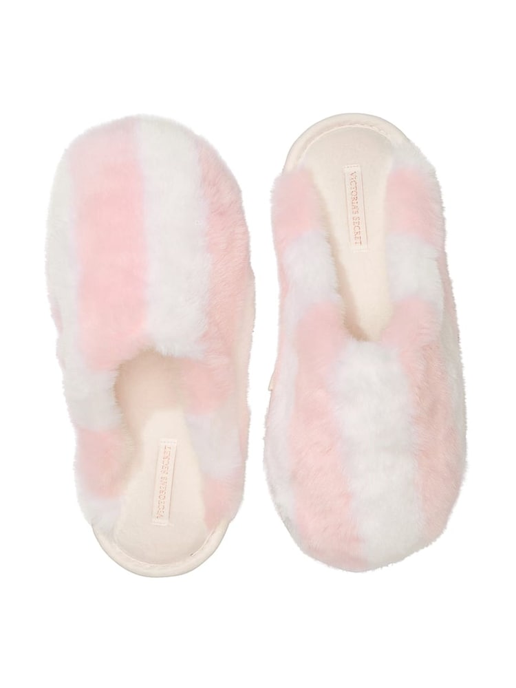 Victoria's Secret Heritage Stripe Pink Closed Toe Faux Fur Slippers - Image 1 of 2