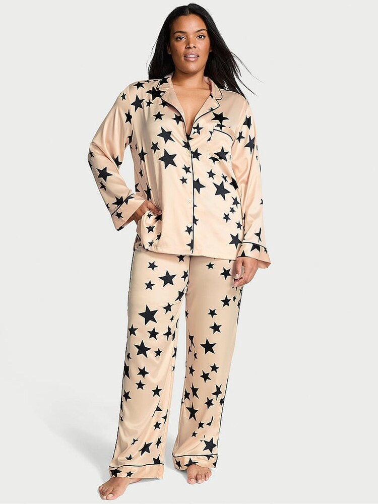 Victoria's Secret Black Pretty Star Satin Long Pyjama Set - Image 1 of 4