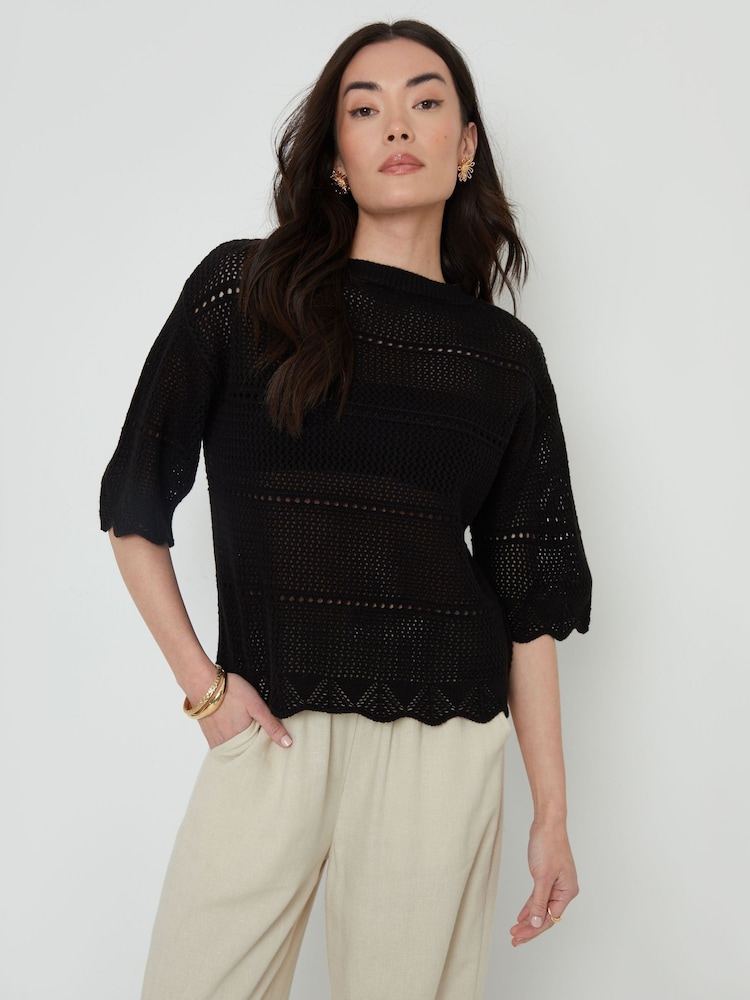 Schwarz - Threadbare Pointelle Häkeloberteil mit kurzen Ärmeln - Bild 1 von 5 Schwarz - Threadbare Pointelle Häkeloberteil mit kurzen Ärmeln - Bild 1 von 5