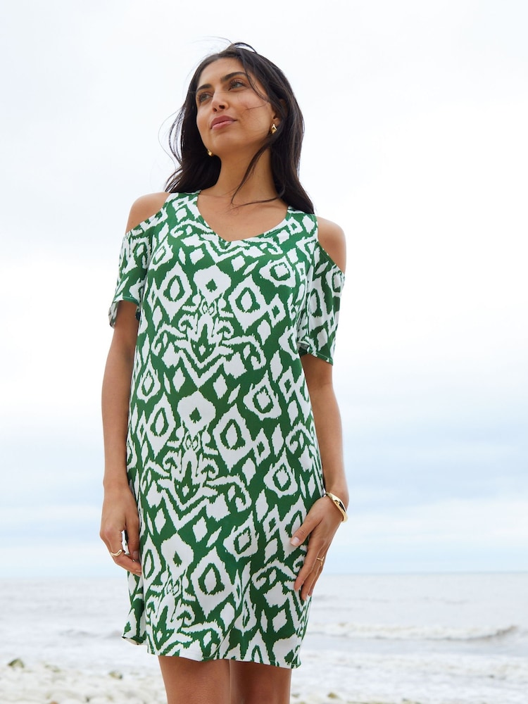 Threadbare Green Mini Cold Shoulder Shift Dress - Image 1 of 4