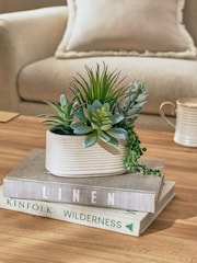 Green Artificial Succulent Arrangment In Ceramic Pot - Image 1 of 3