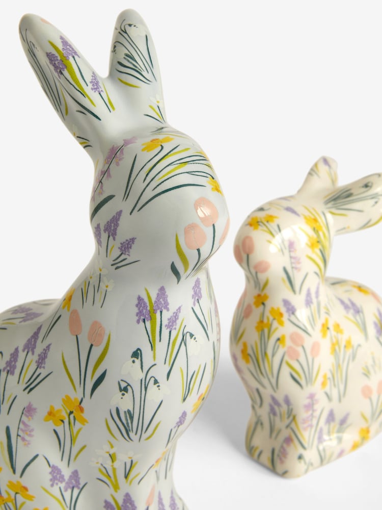 Set of 2 Yellow Floral Spring Bunny Ornaments - Image 4 of 4