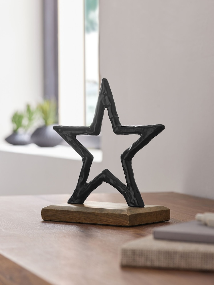Black Metal Star Ornament on Dark Bronx Wooden Base - Image 1 of 5