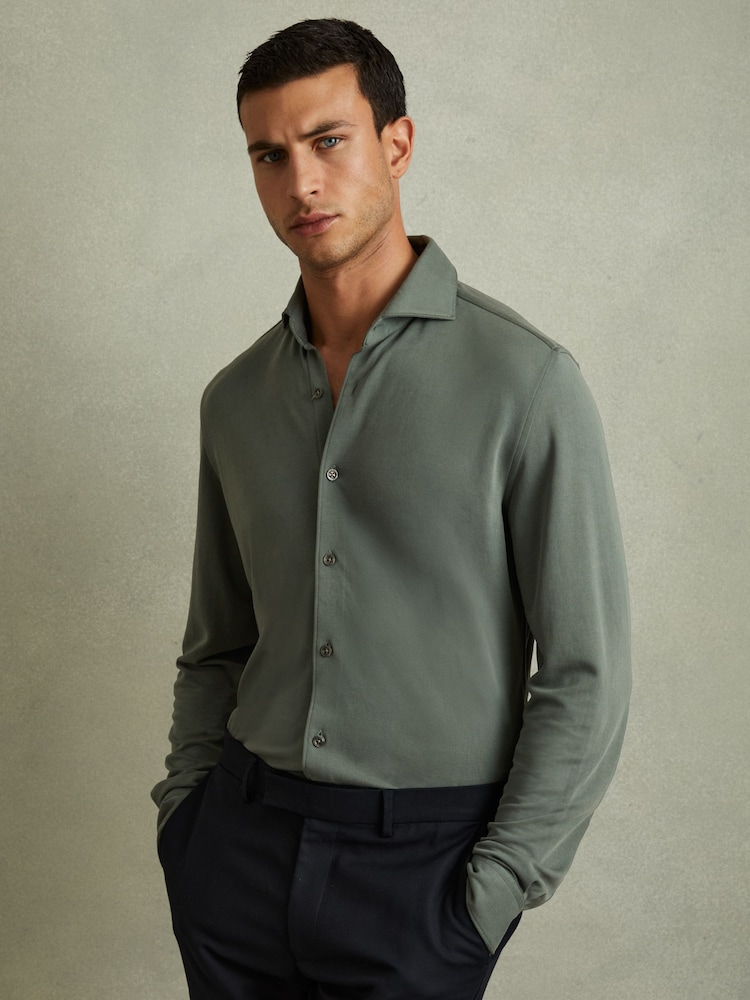 Reiss Green Smoke Bobby Modal Blend Cutaway Collar Shirt - Image 1 of 5