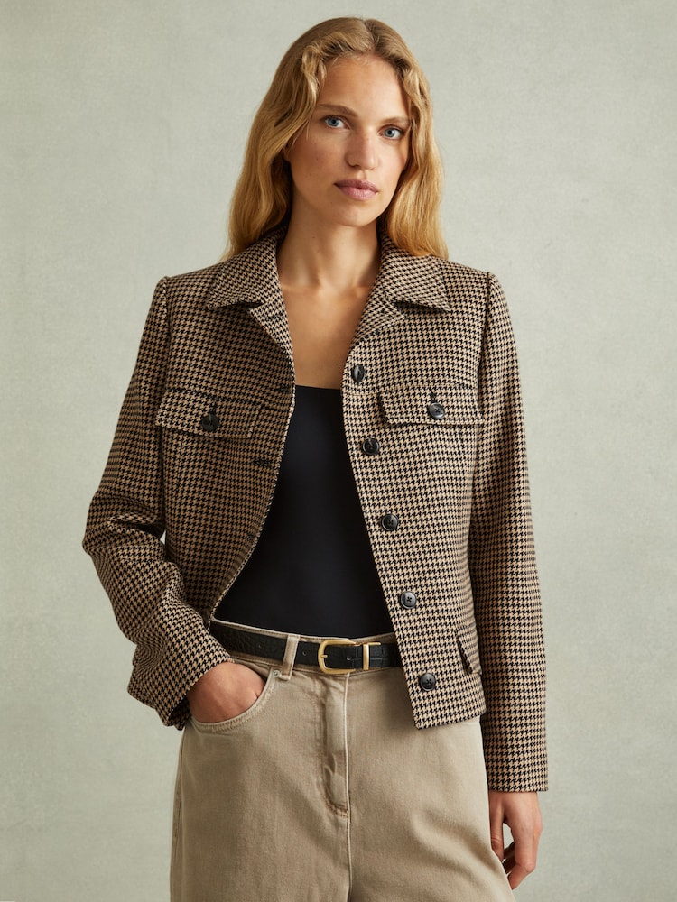 Reiss Black/Camel Lena Dogtooth Check Collared Jacket - Image 1 of 6
