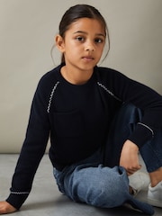 Reiss Navy Lydia 9-13 yrs Contrast Stitch Wool Blend Crew Neck Jumper - Image 1 of 4