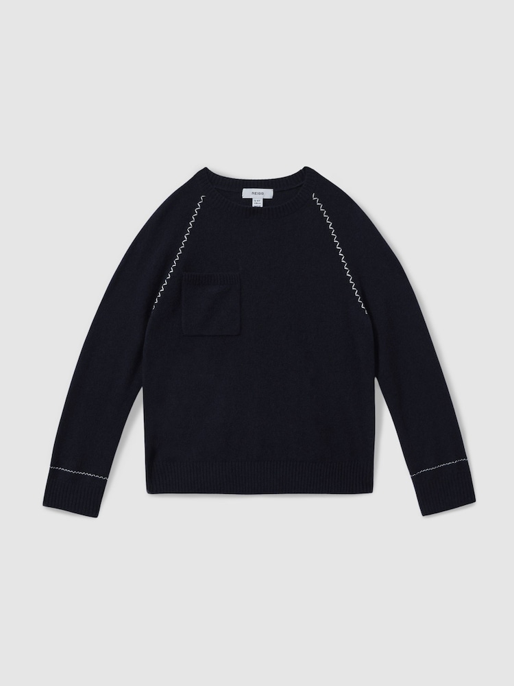 Reiss Navy Lydia 9-13 yrs Contrast Stitch Wool Blend Crew Neck Jumper - Image 2 of 4