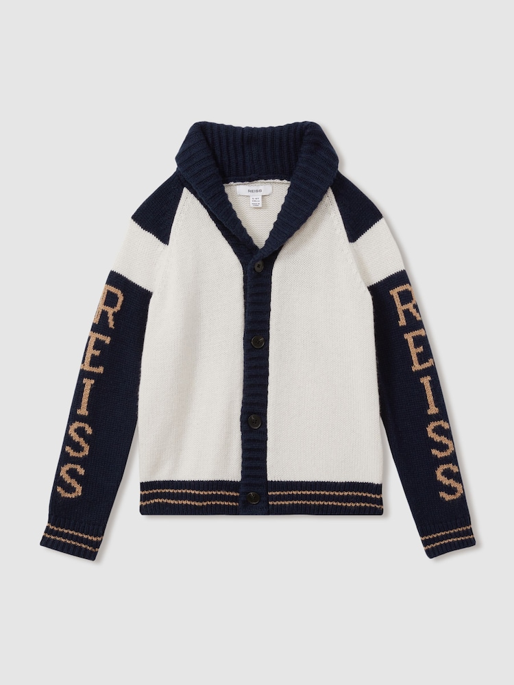 Off White/Marineblau - Reiss – Huston – Strickjacke im College-Stil - Bild 2 von 5