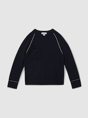 Reiss Navy Lydia 4-9 yrs Contrast Stitch Wool Blend Crew Neck Jumper - Image 2 of 4
