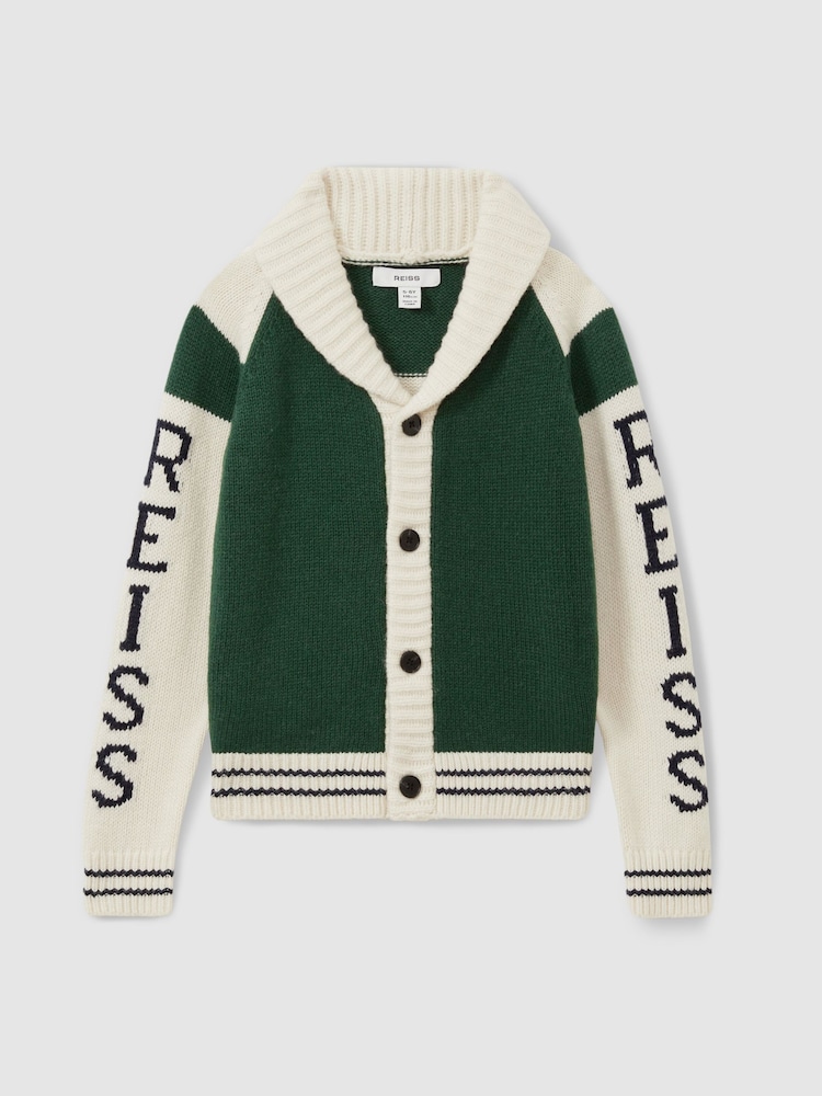 Reiss Green/Offwhite Huston 9-13 yrs Knitted Varsity Cardigan - Image 2 of 4