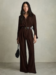 Reiss Burgundy Czara Belted Wide Leg Jumpsuit - Image 1 of 6