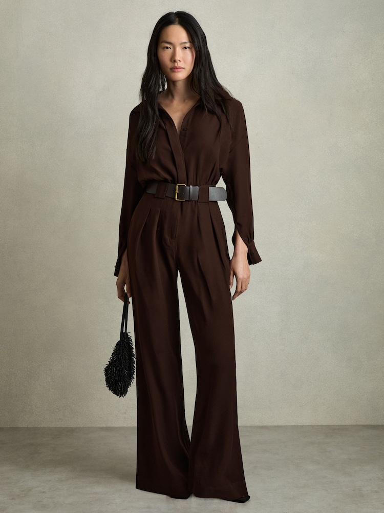 Reiss Burgundy Czara Belted Wide Leg Jumpsuit - Image 1 of 6 Reiss Burgundy Czara Belted Wide Leg Jumpsuit - Image 1 of 6