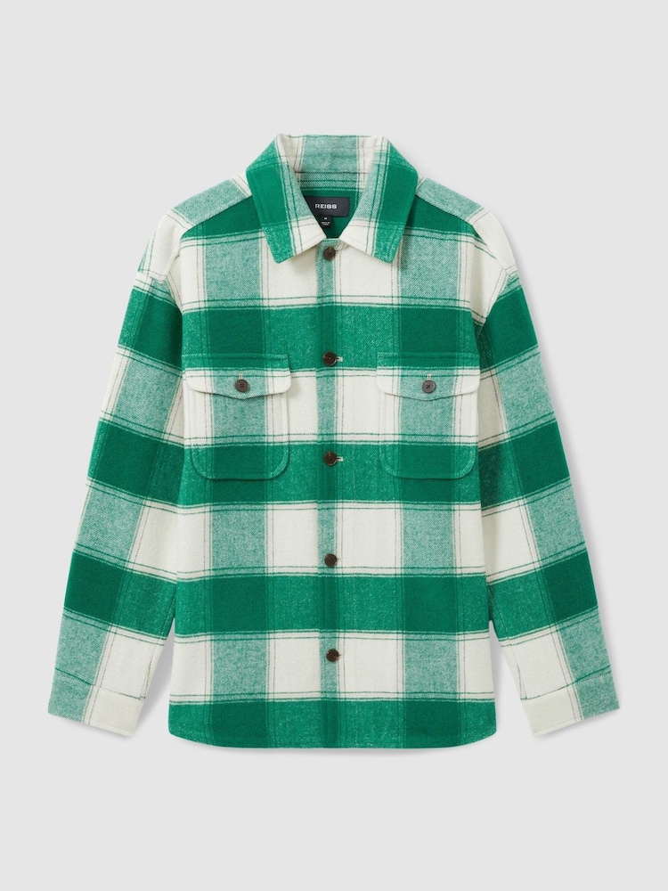 Reiss Green Mcfadden Wool Blend checked Overshirt - Image 2 of 6