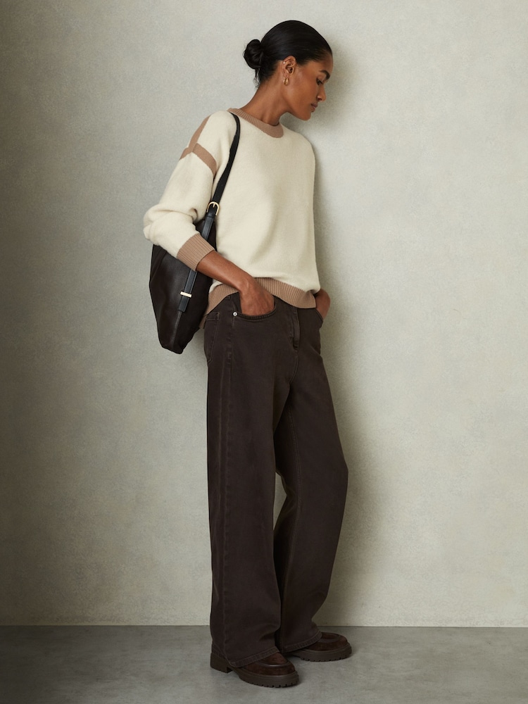 Reiss Cream/Camel Beth Wool Colourblock Crew Neck Jumper - Image 1 of 5 Reiss Cream/Camel Beth Wool Colourblock Crew Neck Jumper - Image 1 of 5