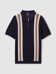 Reiss Navy/Camel Ricardo Ché Knitted Contrast Stripe Half-Zip Zip Polo Shirt - Image 1 of 5