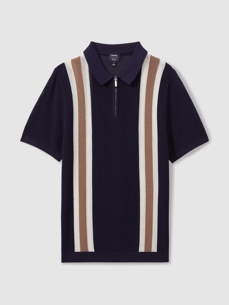 Reiss Navy/Camel Ricardo Ché Knitted Contrast Stripe Half-Zip Zip Polo Shirt - Image 1 of 5